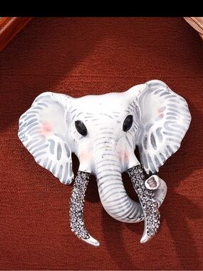 White Elephant Brooch with Rhinestone Tusks
